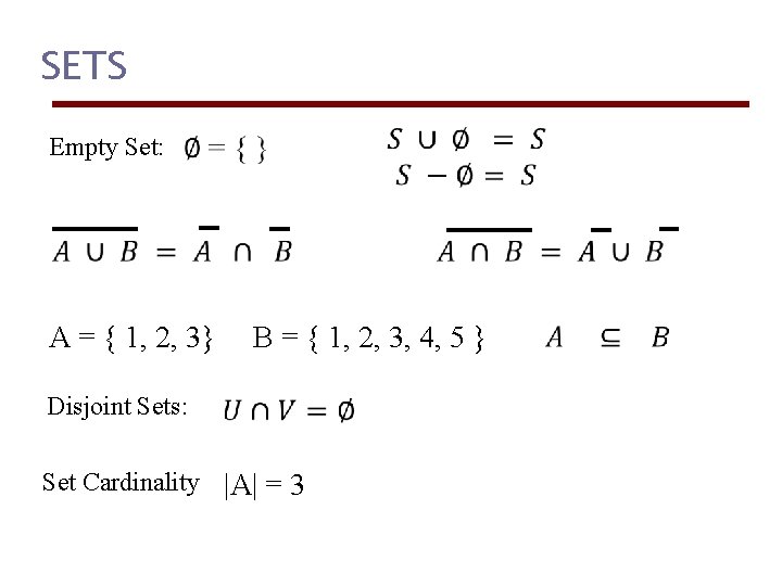 SETS Empty Set: A = { 1, 2, 3} B = { 1, 2,