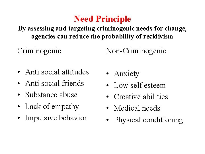 Need Principle By assessing and targeting criminogenic needs for change, agencies can reduce the