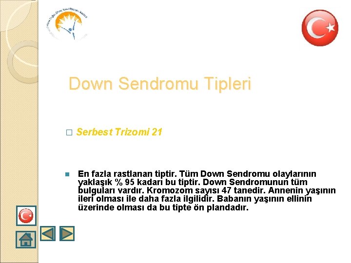 Down Sendromu Tipleri � n Serbest Trizomi 21 En fazla rastlanan tiptir. Tüm Down