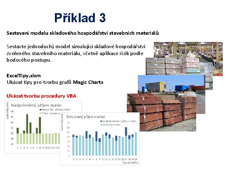 Příklad 3 Sestavení modelu skladového hospodářství stavebních materiálů Sestavte jednoduchý model simulující skladové hospodářství