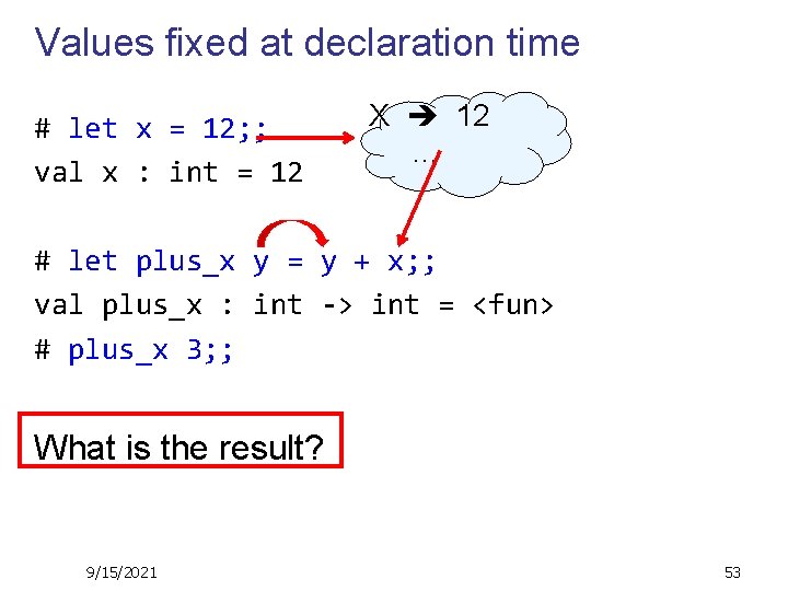 Values fixed at declaration time # let x = 12; ; val x :