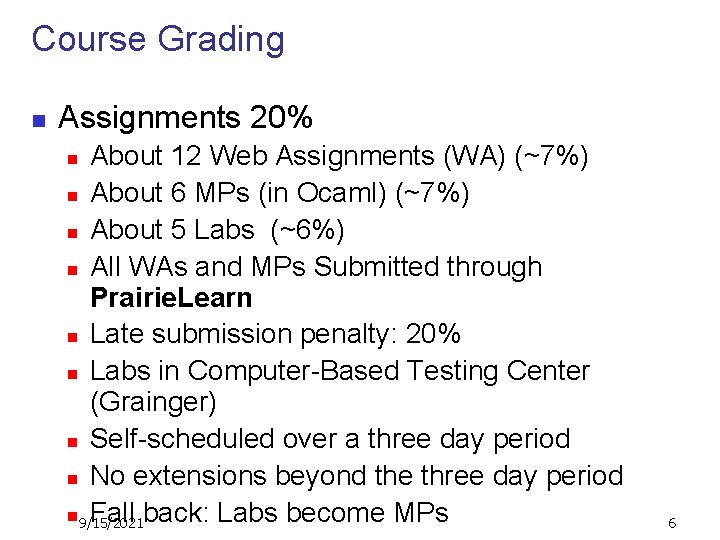 Course Grading n Assignments 20% About 12 Web Assignments (WA) (~7%) n About 6