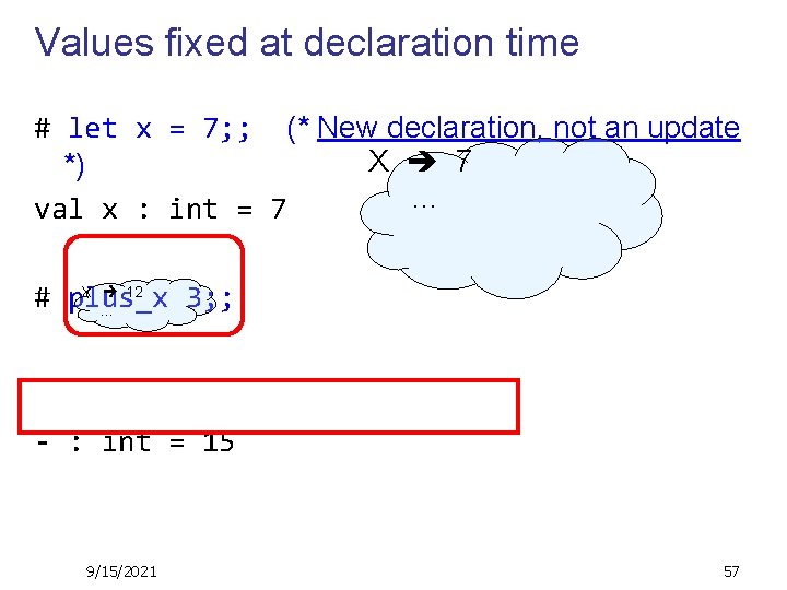 Values fixed at declaration time # let x = 7; ; (* New declaration,