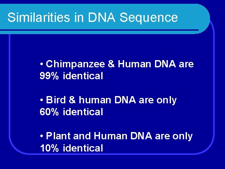 Similarities in DNA Sequence • Chimpanzee & Human DNA are 99% identical • Bird