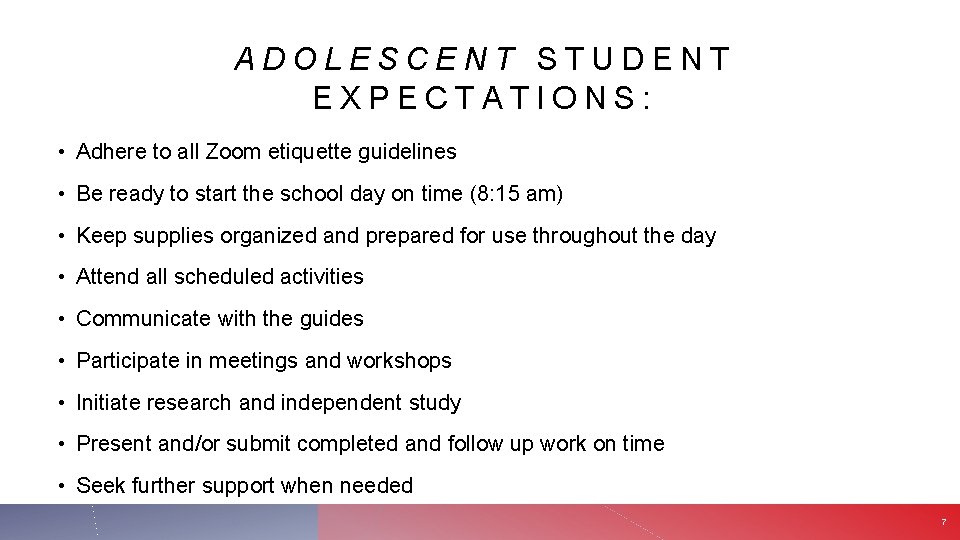 ADOLESCENT STUDENT EXPECTATIONS: • Adhere to all Zoom etiquette guidelines • Be ready to