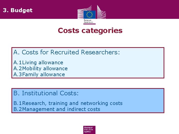 3. Budget Costs categories A. Costs for Recruited Researchers: A. 1 Living allowance A.