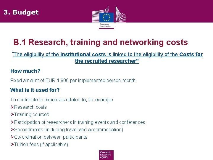 3. Budget • B. 1 Research, training and networking costs "The eligibility of the