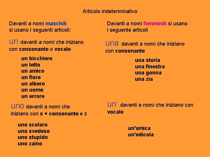 Articolo indeterminativo Davanti a nomi maschili si usano I seguenti articoli: un davanti a