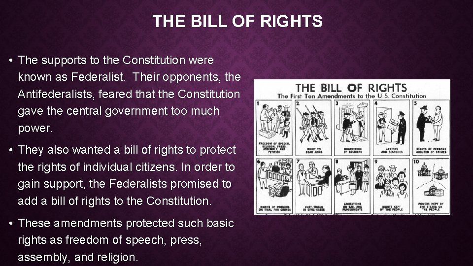 THE BILL OF RIGHTS • The supports to the Constitution were known as Federalist.