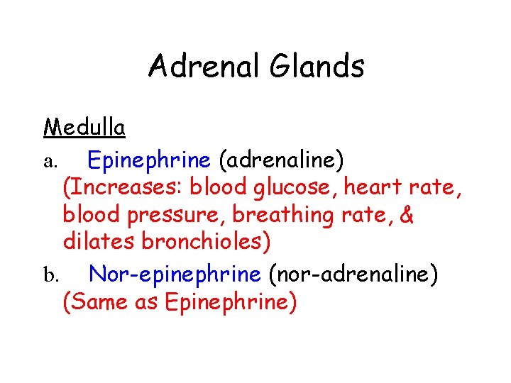 Adrenal Glands Medulla a. Epinephrine (adrenaline) (Increases: blood glucose, heart rate, blood pressure, breathing