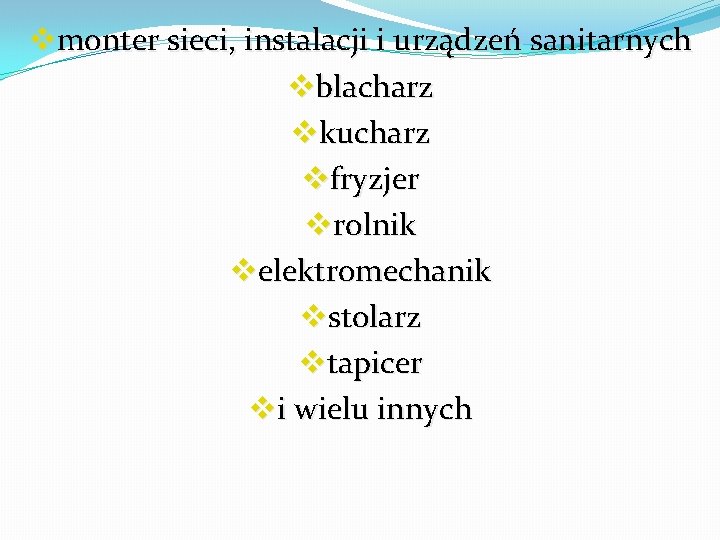 vmonter sieci, instalacji i urządzeń sanitarnych vblacharz vkucharz vfryzjer vrolnik velektromechanik vstolarz vtapicer vi