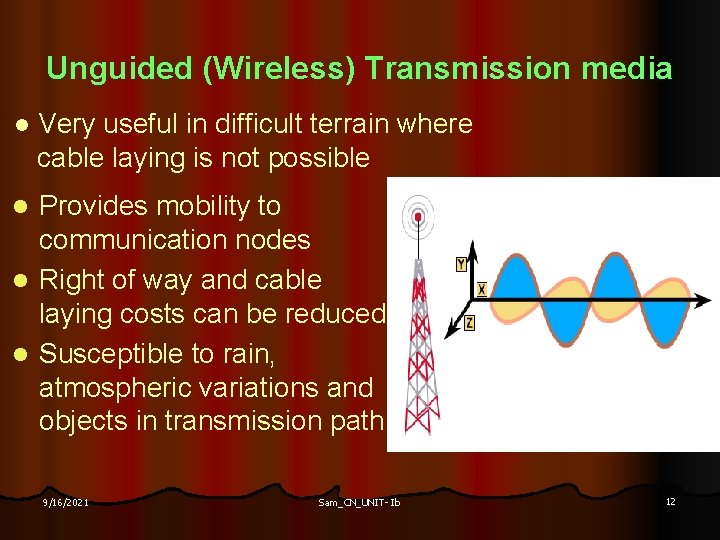 Unguided (Wireless) Transmission media l Very useful in difficult terrain where cable laying is