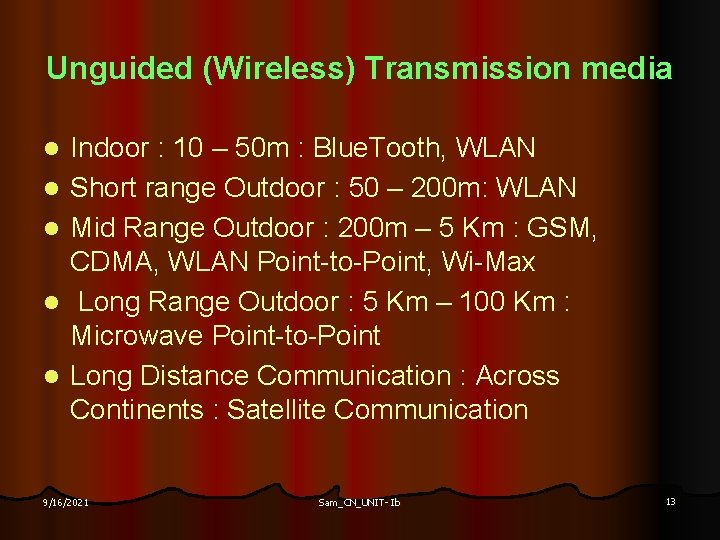 Unguided (Wireless) Transmission media l l l Indoor : 10 – 50 m :