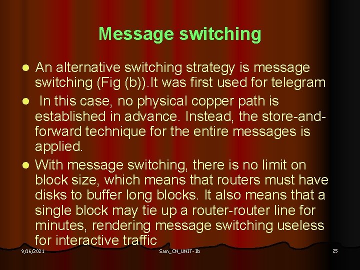 Message switching An alternative switching strategy is message switching (Fig (b)). It was first