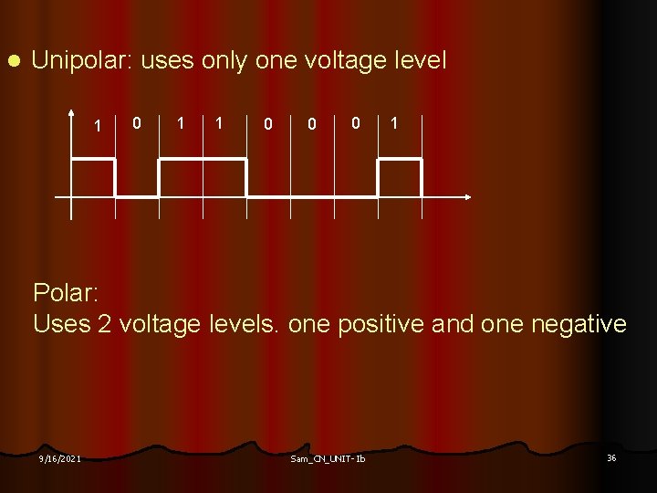 l Unipolar: uses only one voltage level 1 0 1 1 0 0 0