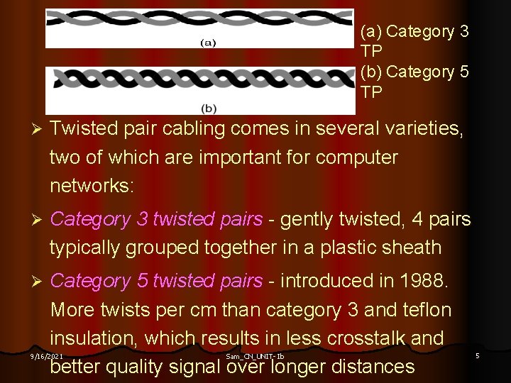 (a) Category 3 TP (b) Category 5 TP Ø Twisted pair cabling comes in