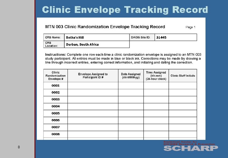 Clinic Envelope Tracking Record 8 