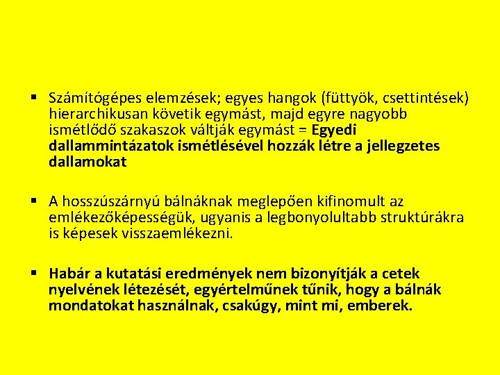 § Számítógépes elemzések; egyes hangok (füttyök, csettintések) hierarchikusan követik egymást, majd egyre nagyobb ismétlődő § Számítógépes elemzések; egyes hangok (füttyök, csettintések) hierarchikusan követik egymást, majd egyre nagyobb ismétlődő