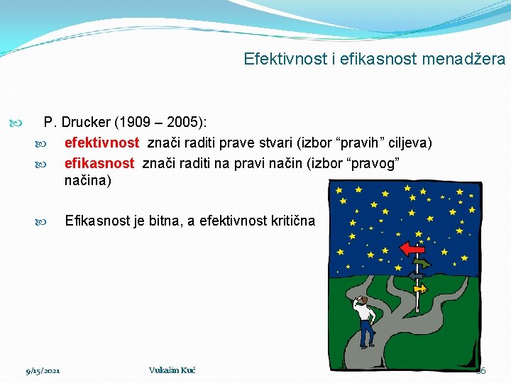 Efektivnost i efikasnost menadžera P. Drucker (1909 – 2005): efektivnost znači raditi prave stvari