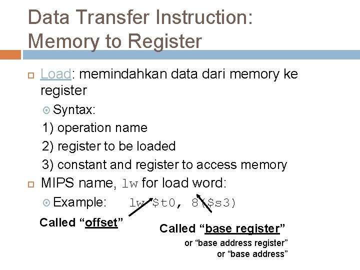 Data Transfer Instruction: Memory to Register Load: memindahkan data dari memory ke register Syntax: