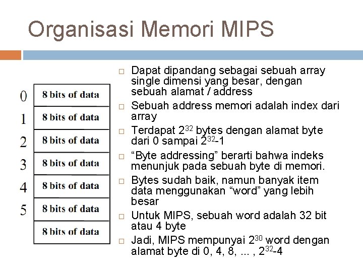Organisasi Memori MIPS Dapat dipandang sebagai sebuah array single dimensi yang besar, dengan sebuah