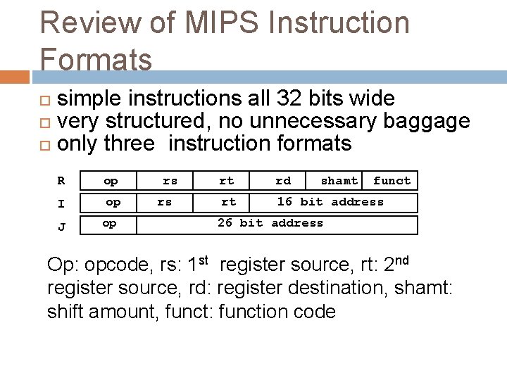 Review of MIPS Instruction Formats simple instructions all 32 bits wide very structured, no