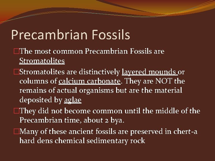 Precambrian Fossils �The most common Precambrian Fossils are Stromatolites �Stromatolites are distinctively layered mounds