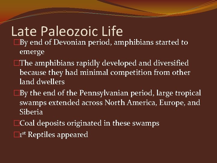 Late Paleozoic Life �By end of Devonian period, amphibians started to emerge �The amphibians