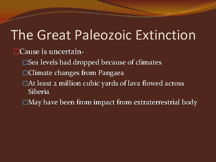 The Great Paleozoic Extinction �Cause is uncertain�Sea levels had dropped because of climates �Climate