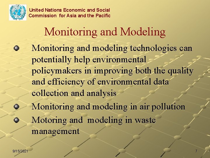 United Nations Economic and Social Commission for Asia and the Pacific Monitoring and Modeling