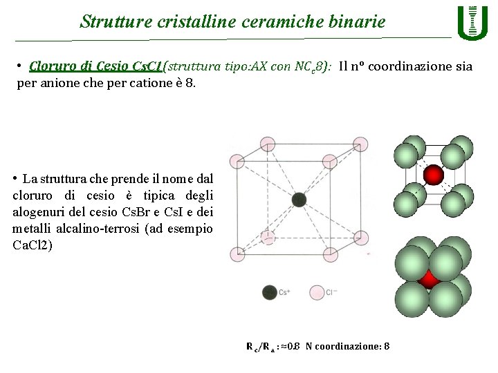 Strutture cristalline ceramiche binarie • Cloruro di Cesio Cs. Cl (struttura tipo: AX con