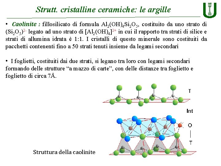 Strutt. cristalline ceramiche: le argille • Caolinite : fillosilicato di formula Al 2(OH)4 Si