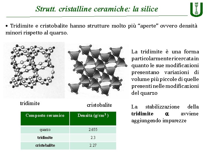 Strutt. cristalline ceramiche: la silice • Tridimite e cristobalite hanno strutture molto più “aperte”