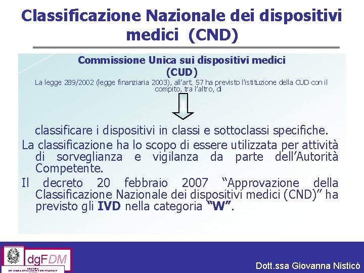 Classificazione Nazionale dei dispositivi medici (CND) Commissione Unica sui dispositivi medici (CUD) La legge