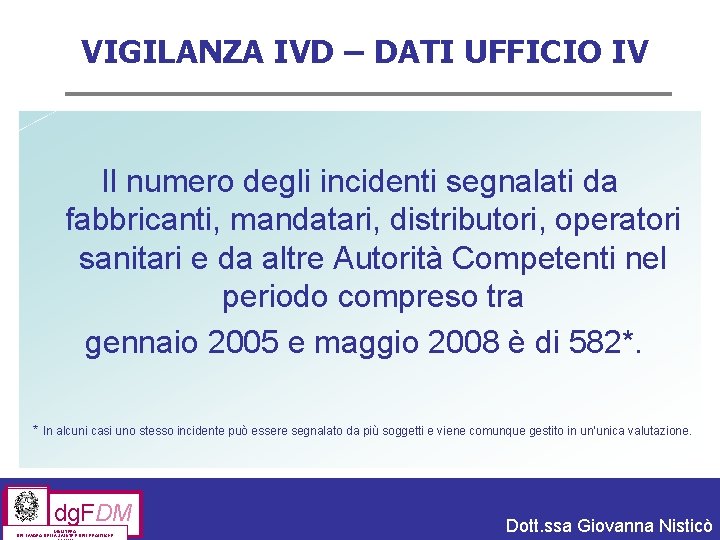 VIGILANZA IVD – DATI UFFICIO IV Il numero degli incidenti segnalati da fabbricanti, mandatari,