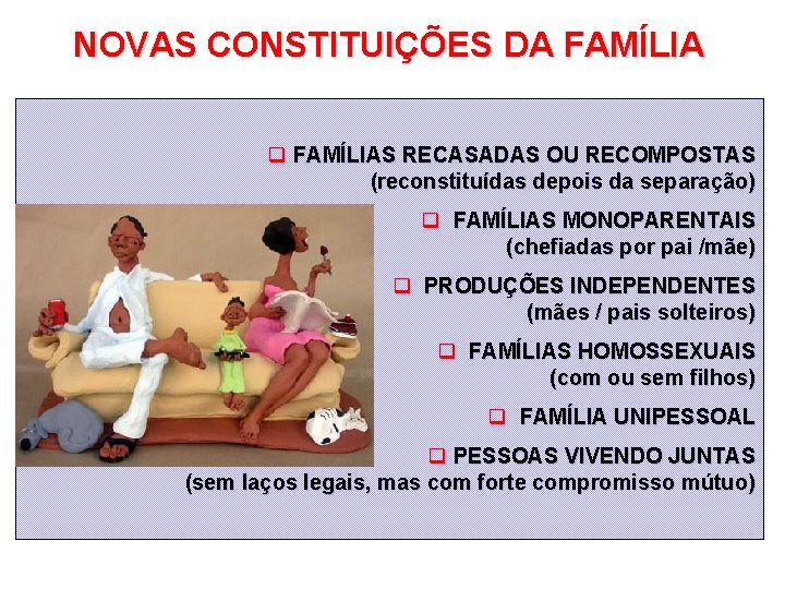 NOVAS CONSTITUIÇÕES DA FAMÍLIA q FAMÍLIAS RECASADAS OU RECOMPOSTAS (reconstituídas depois da separação) q