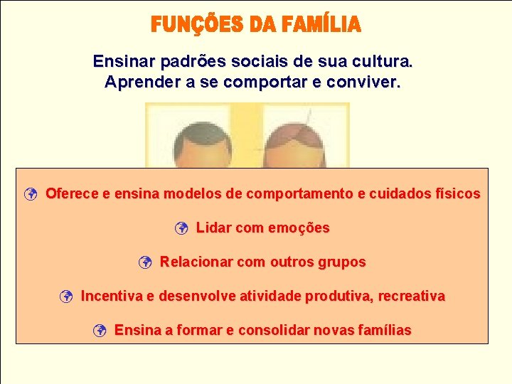 Ensinar padrões sociais de sua cultura. Aprender a se comportar e conviver. ü Oferece