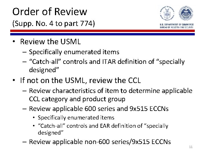 Order of Review (Supp. No. 4 to part 774) • Review the USML –