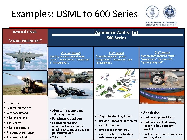 Examples: USML to 600 Series Commerce Control List 600 Series Revised USML “A More