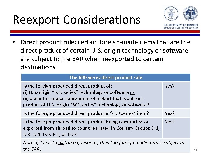 Reexport Considerations • Direct product rule: rule certain foreign-made items that are the direct