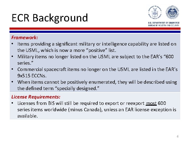 ECR Background Framework: • Items providing a significant military or intelligence capability are listed