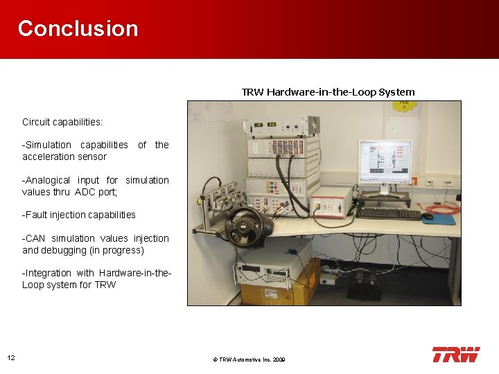 Conclusion TRW Hardware-in-the-Loop System Circuit capabilities: -Simulation capabilities of the acceleration sensor -Analogical input