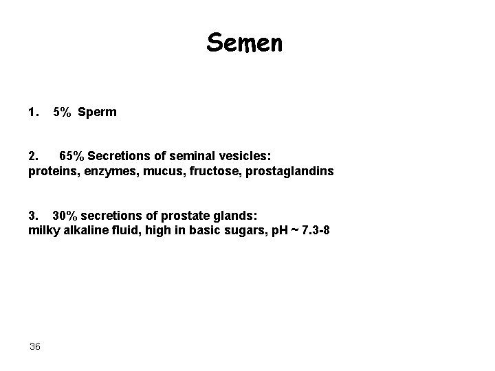 Semen 1. 5% Sperm 2. 65% Secretions of seminal vesicles: proteins, enzymes, mucus, fructose,