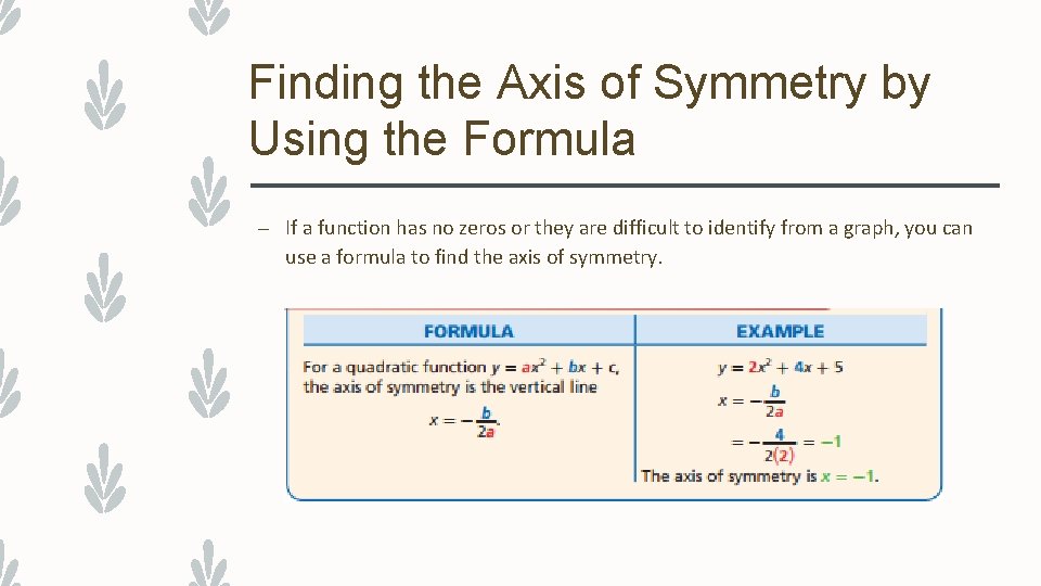 Finding the Axis of Symmetry by Using the Formula – If a function has