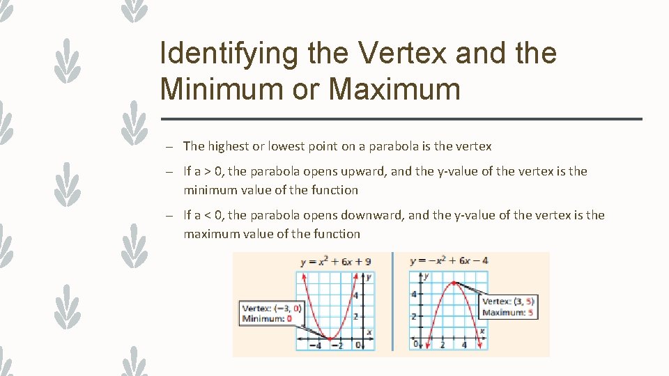 Identifying the Vertex and the Minimum or Maximum – The highest or lowest point