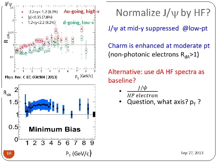 J/y Au-going, high-x d-going, low-x Normalize J/y by HF? Phys. Rev. C 87, 034904