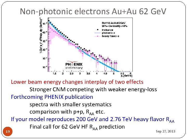 Non-photonic electrons Au+Au 62 Ge. V 19 Lower beam energy changes interplay of two