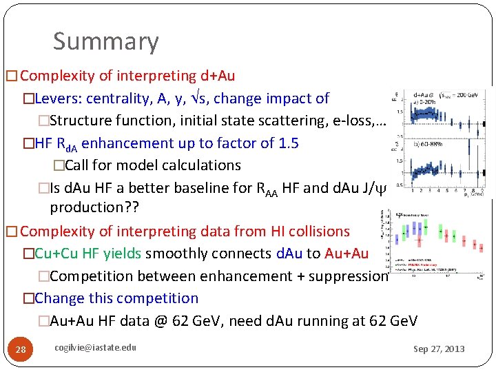 Summary � Complexity of interpreting d+Au �Levers: centrality, A, y, s, change impact of