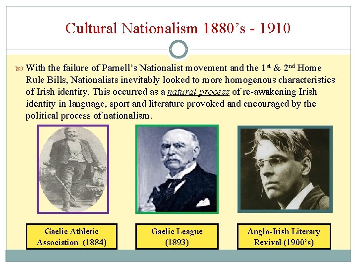 Cultural Nationalism 1880’s - 1910 With the failure of Parnell’s Nationalist movement and the