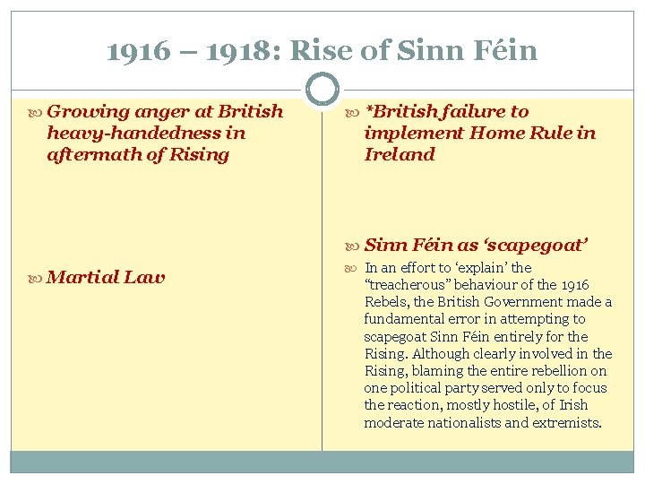 1916 – 1918: Rise of Sinn Féin Growing anger at British heavy-handedness in aftermath